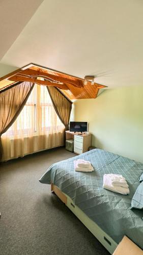 ein Schlafzimmer mit einem Bett und einem großen Fenster in der Unterkunft ARIA HOUSE Sinaia in Sinaia