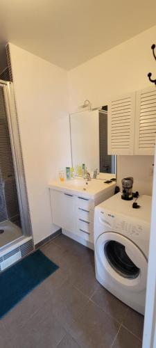 une cuisine avec une machine à laver et un évier dans l'établissement Superbe Studio Fort d'Issy - Idéal professionnel ou vacancier, à Issy-les-Moulineaux