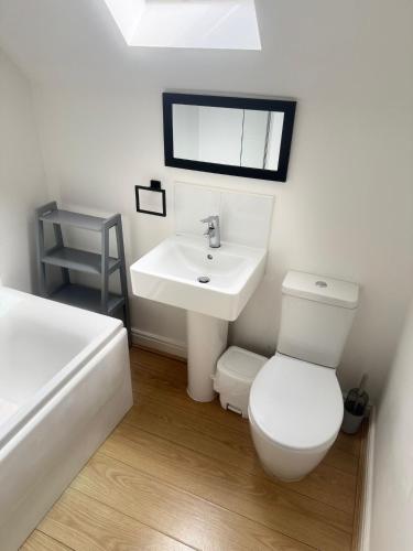a bathroom with a white toilet and a sink at Dream Weaver 2 Bedroomed cottage on The Bay, Filey with on-site gym and swimming pool in Filey