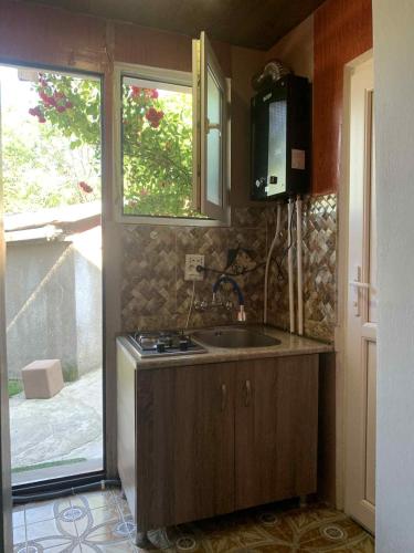 a kitchen with a sink and a stove and a window at giomana in Borjomi