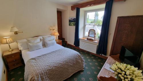 a hotel room with a bed and a window at Craig-Y-Nos Castle in Abercraf