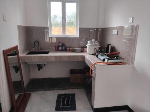 努沃勒埃利耶Mist haven villa Only for the Local Guests的带水槽和窗户的小厨房