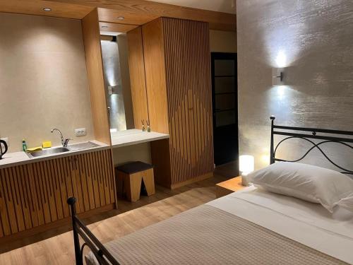 a bedroom with a bed and a sink in it at The Poet's House in Himare