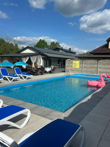 a swimming pool with chairs and alatable flamingo in the water at Jurajskie Apartamenty in Żarki