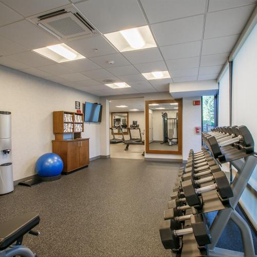 a gym with rows of exercise equipment in a room at Hampton Inn Harrisburg-East/Hershey in Harrisburg