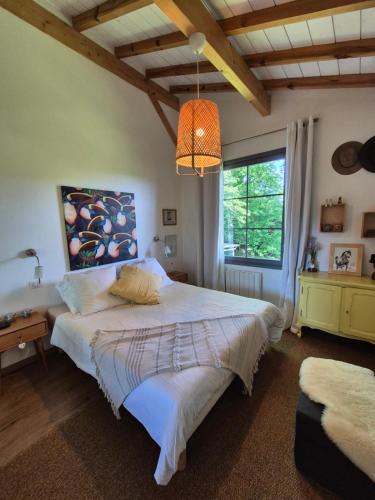 une chambre avec un grand lit et une fenêtre dans l'établissement Grande maison bois entre océan et lac, à Vielle-Saint-Girons