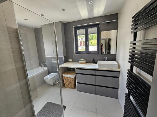 a bathroom with a toilet and a sink and a shower at Levander 2 in Králiky