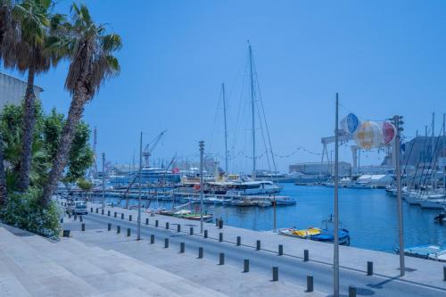 Un puerto deportivo con barcos en el agua y palmeras. en L'Olivier, en La Ciotat