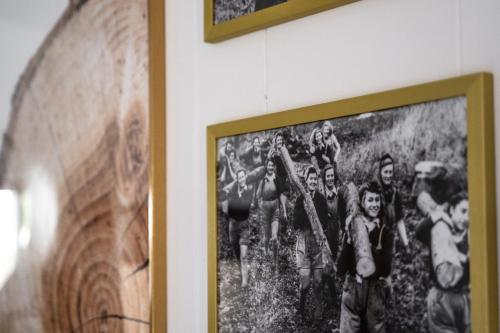 a framed picture of a group of people on a wall at Lumber Jill Lodge 17 King Bed Retreat in Balsam Lake