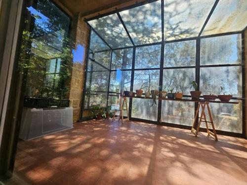 a large room with large windows and a table with plants at Belle villa avec piscine à Montpellier in Montpellier