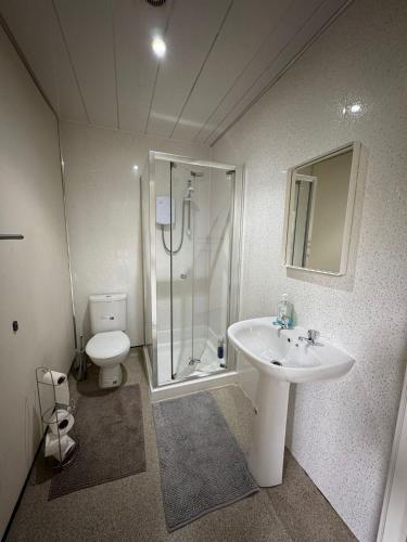 a bathroom with a shower and a sink and a toilet at Whitefield Guesthouse in Glasgow