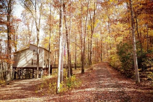 a house in the woods next to a dirt road at Peaceful Hideaway Treehouse near Little River Canyon in Fort Payne