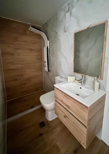 Un baño con lavabo, inodoro y espejo. en Dafni's Nest, Nafpaktos, en Nafpaktos