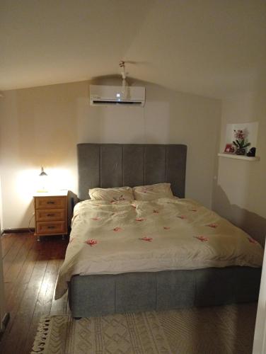 ein Schlafzimmer mit einem großen Bett mit roten Blumen darauf in der Unterkunft Alma & Noa in Or ‘Aqīvāh