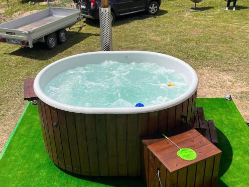 a large hot tub in a yard with a trailer at Camere de Inchiriat Alina in Vartop