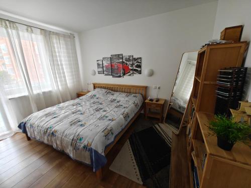 a bedroom with a bed and a dresser at Holiday Ap in Visaginas