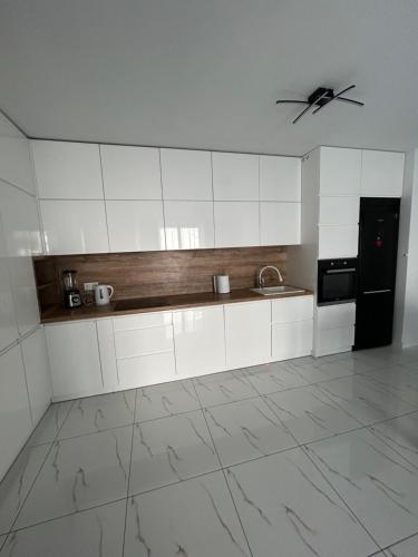 a kitchen with white cabinets and a black refrigerator at Apartament Dobrzec in Kalisz