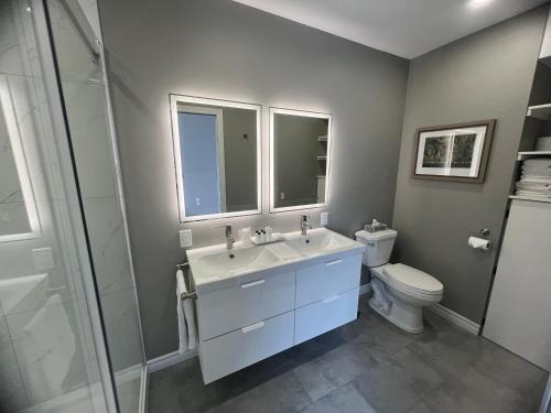 a bathroom with a sink and a toilet and a shower at Motel Le Refuge in Sherbrooke
