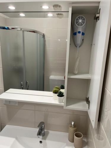 a bathroom with a sink and a shower with a mirror at Natasa apartments Krk in Vrh