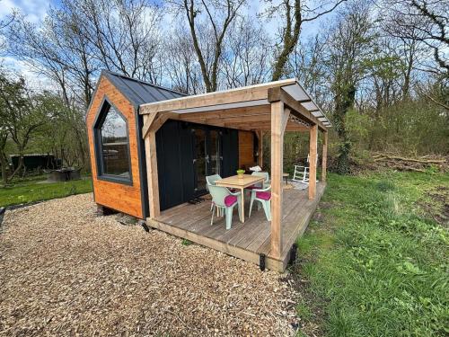 a small cabin with a table and chairs on a deck at Tiny forest lodge with direct access to forest and nature in Anloo