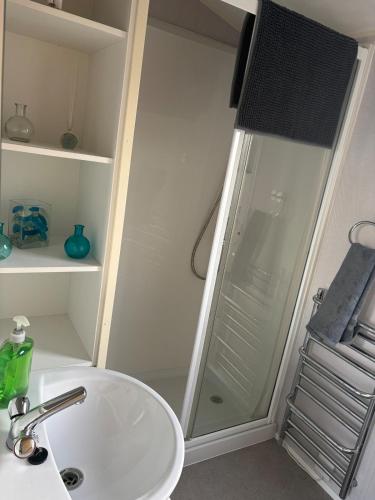 a bathroom with a shower and a white sink at Luxury Hot tub breaks at Sunnymede, Ingoldmells in Ingoldmells