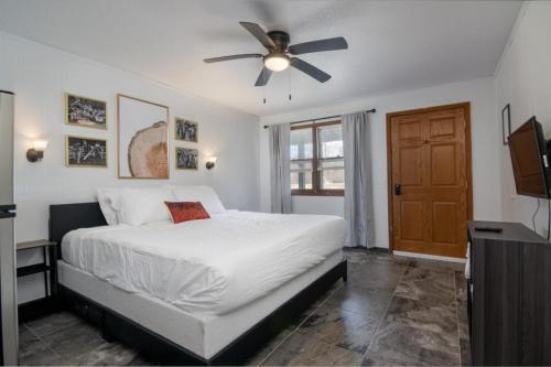 a bedroom with a bed and a ceiling fan at Lumber Jill Lodge 17 King Bed Retreat in Balsam Lake