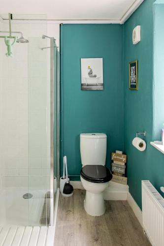 a bathroom with a toilet and a glass shower at Zipworld Waterfalls Eryri Dogs Welcome 3 Bed sleeps 5 in Blaenau-Ffestiniog