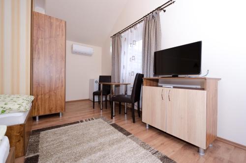 un salon avec une télévision et une table dans l'établissement Camere-Apartament Steyna, à Alba Iulia