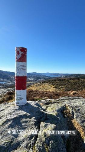 a red and white lighthouse sitting on top of a rock at Birdbox Bergen in Bergen