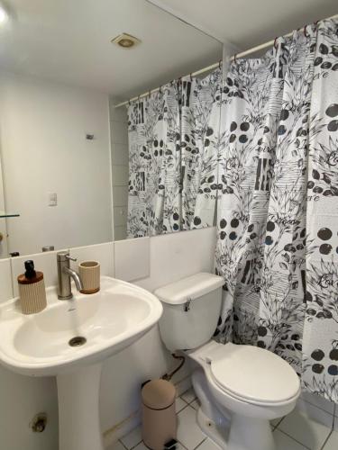 a bathroom with a white toilet and a sink at Departamento completo 2 dormitorios 1208 cercano movistar arenas in Santiago