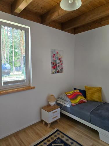 a bedroom with a blue bed and a window at ChillForest SPA in Tomczyn