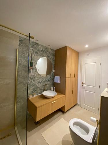 a bathroom with a sink and a shower and a toilet at Boka Bliss in Zelenika