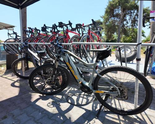 a group of bikes parked next to a rail at EONA BEACH RESORT by Greek Pride in Skála Neón Epivatón