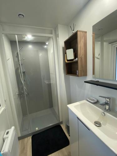 ein Badezimmer mit Dusche und Waschbecken in der Unterkunft Douce Escale in Lège-Cap-Ferret