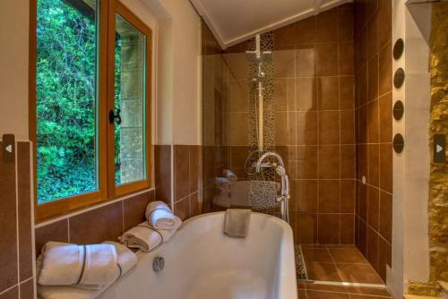 a bathroom with a tub and a window and a shower at Le Cottage dans la Vallée des 5 châteaux in Vézac
