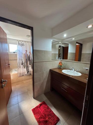 a bathroom with a sink and a shower with a mirror at Departamento duplex Champaqui in Villa General Belgrano