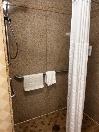 マディソンビルにあるComfort Inn & Suites Madisonvilleのシャワーカーテンとタオル付きのシャワー