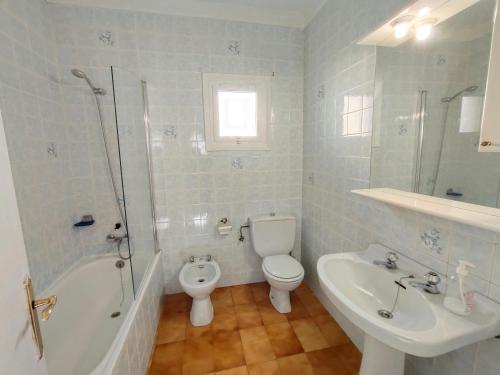 a bathroom with a toilet and a shower and a sink at Apartamento Celine in Pineda de Mar