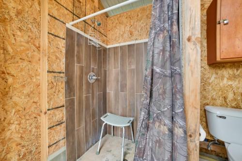 a bathroom with a shower with a stool in it at Les Cheneaux Islands Retreat 2 Boat, Fish and Swim in Cedarville