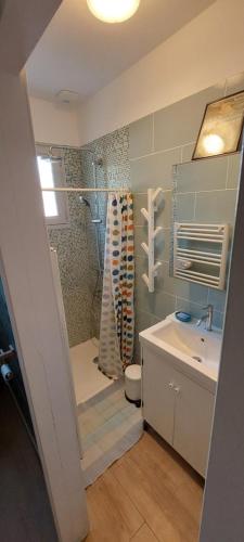 a bathroom with a shower and a sink at Les Lagures - PLAGE A PIED - Maison 3 chambres - en lisière de forêt in Longeville-sur-Mer