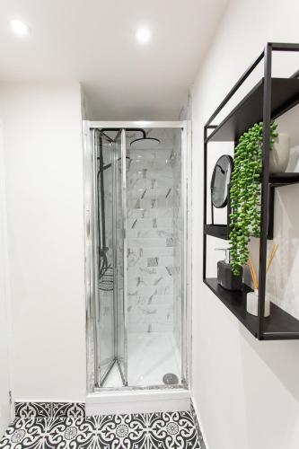 a shower with a glass door in a bathroom at The Belfast Snug in Belfast