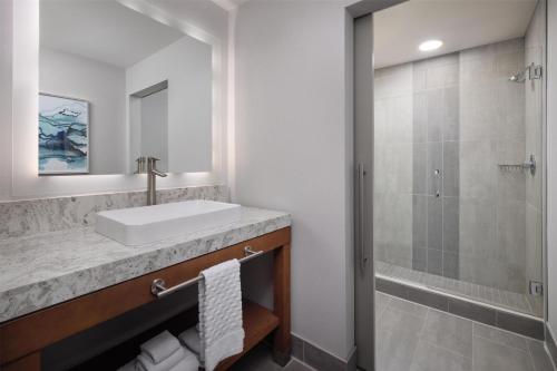 a bathroom with a sink and a shower at Best Western Premier Hotel at Fisher's Landing in Vancouver