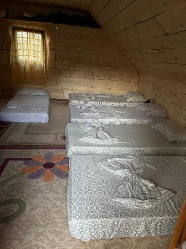 a room with four beds in a wooden cabin at Aleos cabin in Kolgecaj