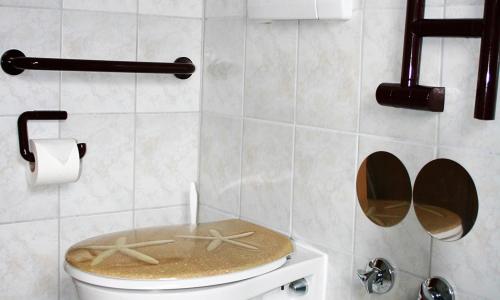 a bathroom with a toilet with a starfish on the lid at Sommerhof Rauber in Immenstaad am Bodensee