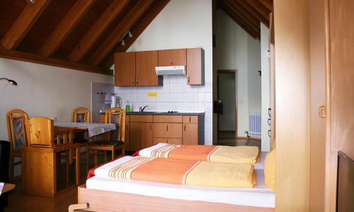 a small kitchen with a bed in a room at Sommerhof Rauber in Immenstaad am Bodensee