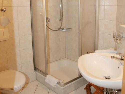 a bathroom with a shower and a sink and a toilet at Sommerhof Rauber in Immenstaad am Bodensee