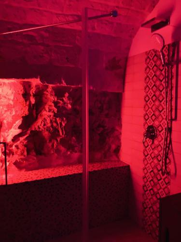 a room with a red lighted room with a shower at Agape B&B Monopoli in Monopoli
