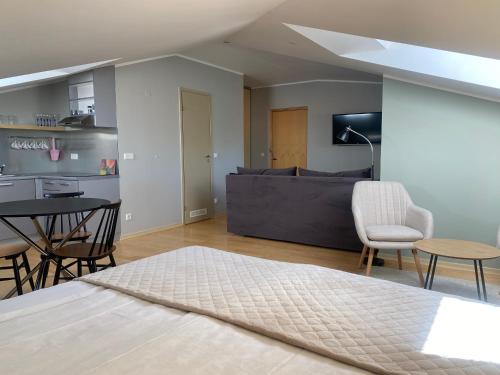 a bedroom with a bed and a living room at KURESSAARE TALLINN STREET APARTMENTs in Kuressaare