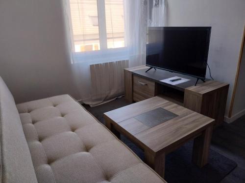 un salon avec un canapé et une télévision à écran plat dans l'établissement Le Figuier, au Mans