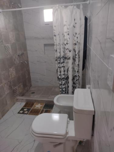 a bathroom with a toilet and a shower at Mi lugar en el mundo in Cortaderas